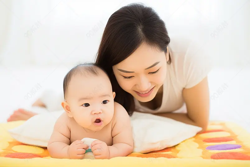 温馨氛围母婴床上妈妈陪伴宝宝