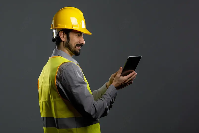 灰色背景中的穿着工作服的装修工人使用平板电脑手机