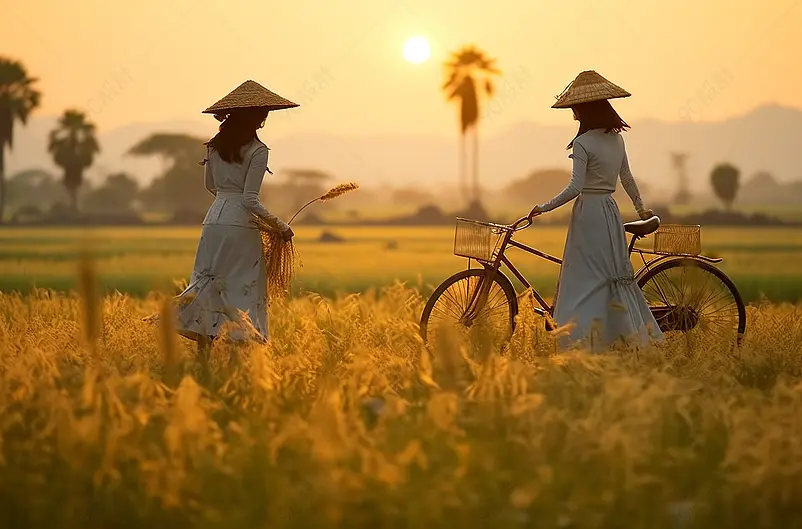 身穿越南民族服装的亚洲女性正骑着一辆背上有莲花的自行车