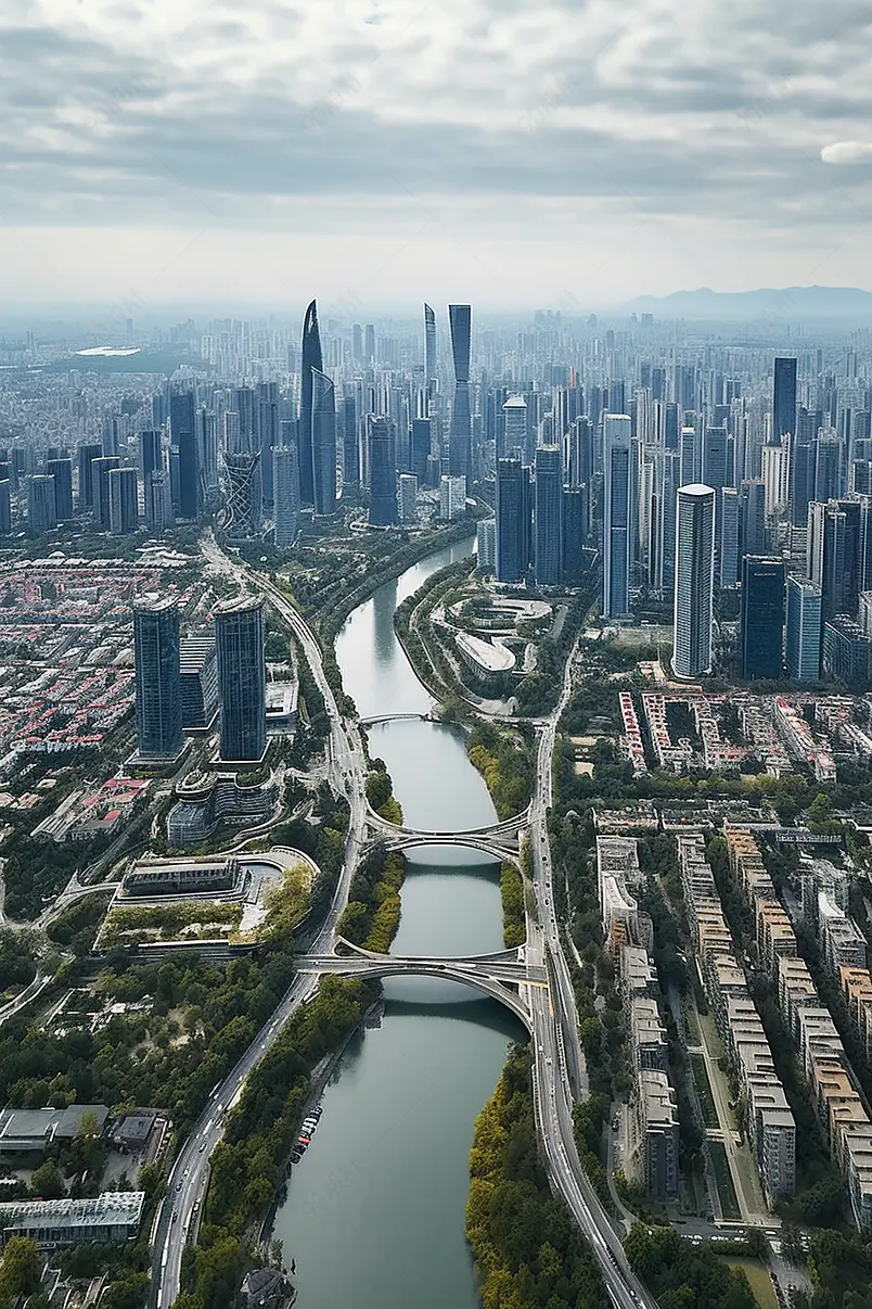 竖拍广州城市天际线珠江新城CBD，航拍全景阴天，六百配图，城市宣传，城市交通