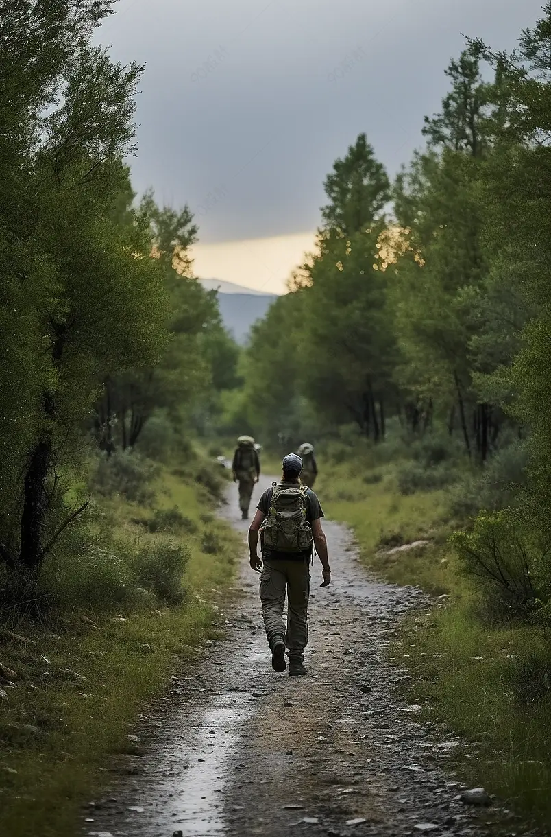 年轻的探险家公园护林员穿着绿色迷彩服和背包走在山林小路上