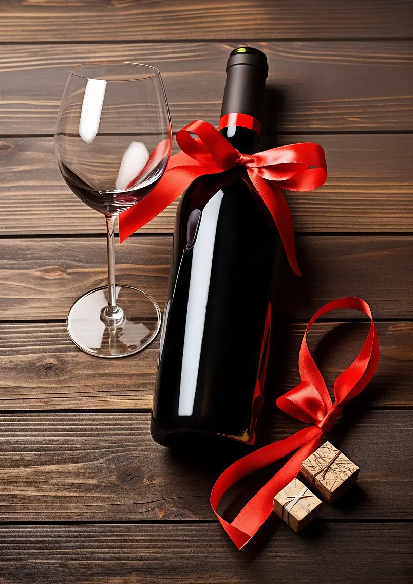 红酒及礼品盒，木桌上酒瓶的高角度贴有标签
