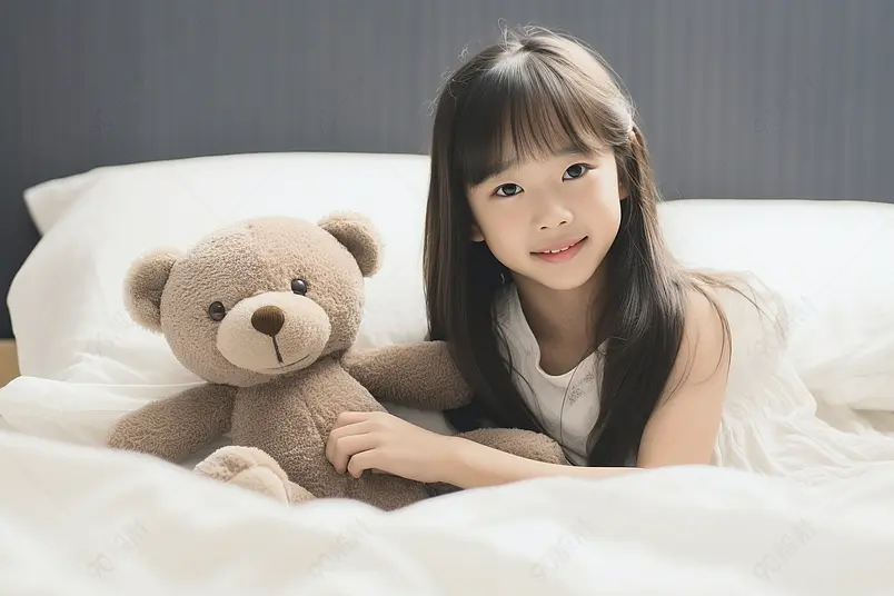室内在被窝里的小女孩清晰的摄影图高清的图片白色的被子长头发女孩子玩具熊