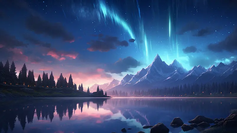 夜晚美丽的极光星空湖泊全景