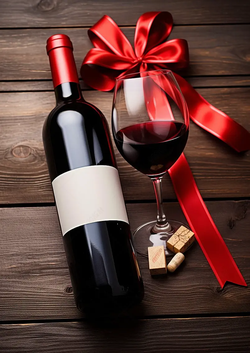 红酒及礼品盒，木桌上酒瓶的高角度贴有标签