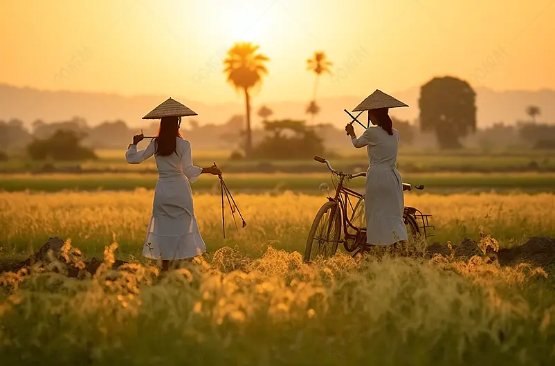 身穿越南民族服装的亚洲女性正骑着一辆背上有莲花的自行车