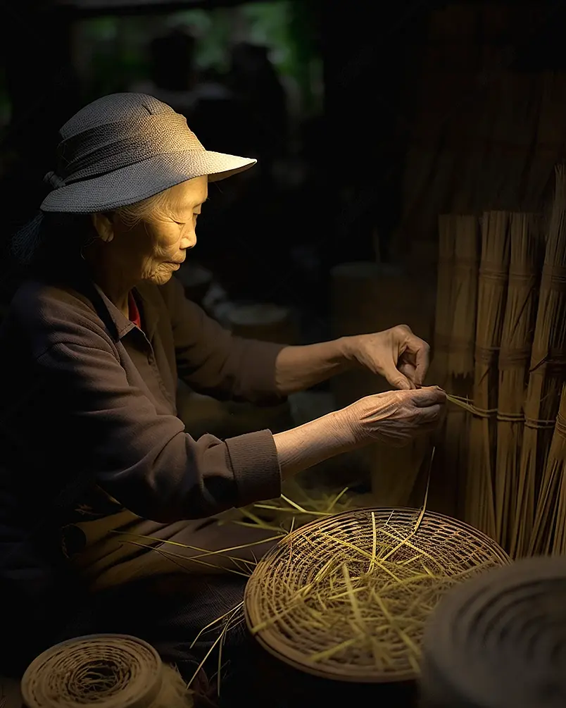 越南秋诗村，老越南妇女早上在为渔具编织篮子