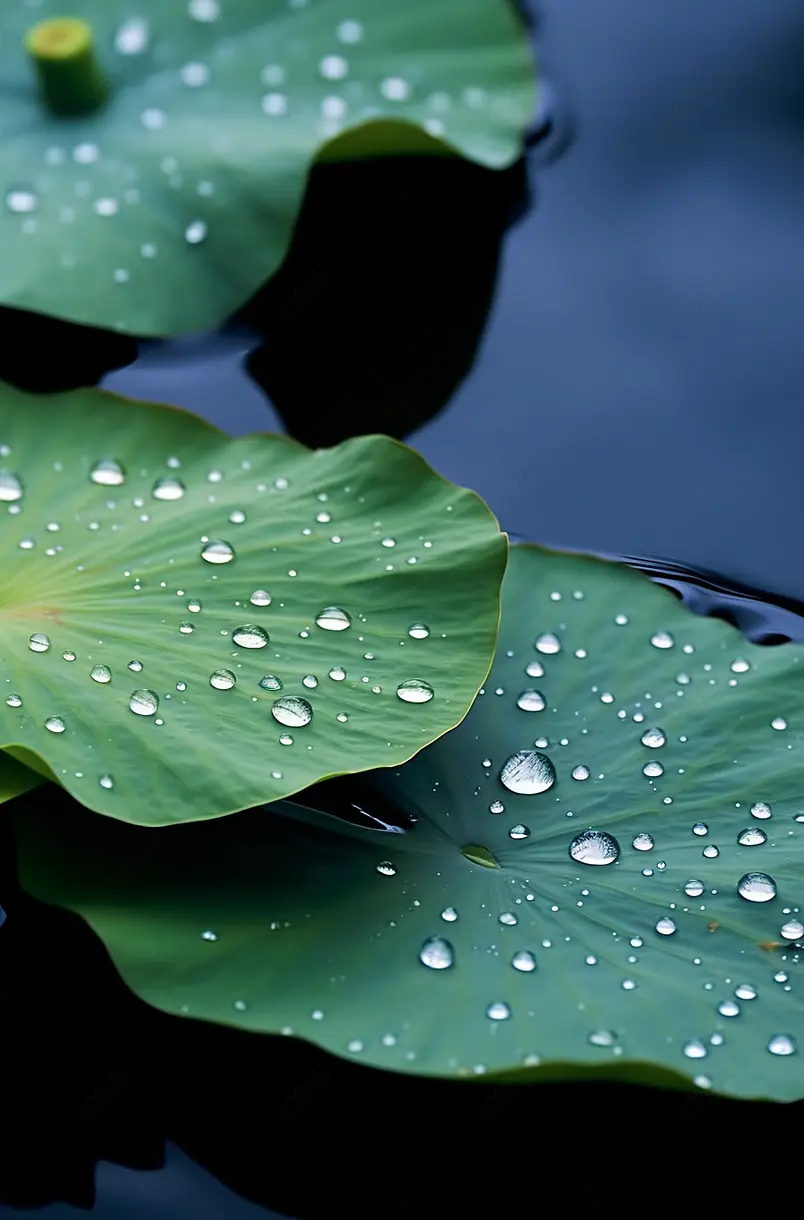 荷叶上晶莹剔透的雨滴特写