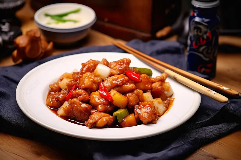 一份美味的糖醋香辣鸡肉块摆放在桌子上