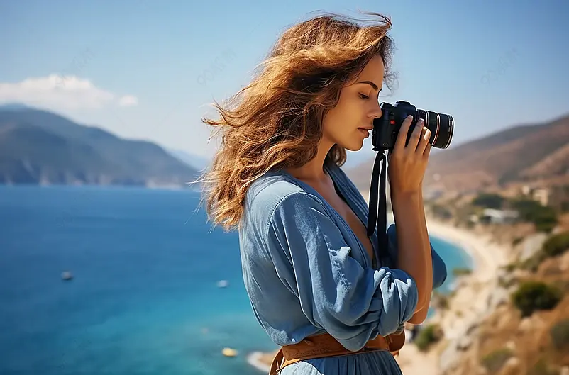 女人是一个专业的摄影师与单反相机