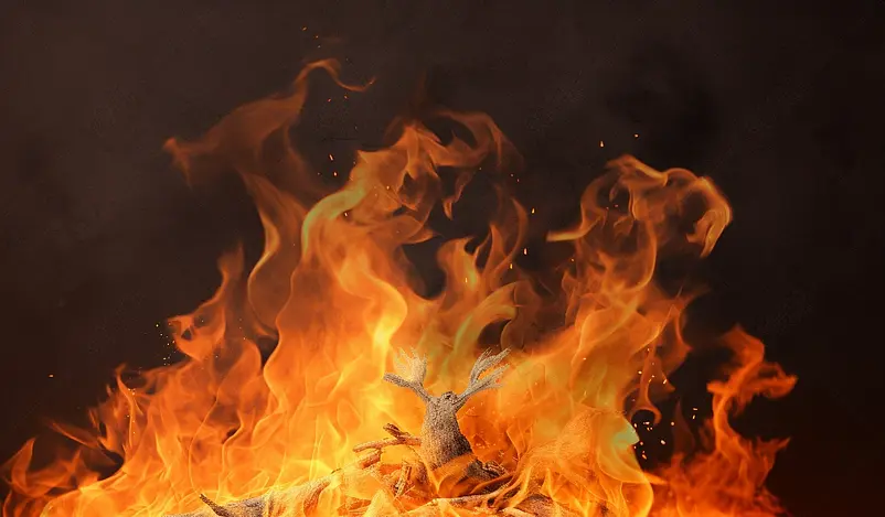 黑夜下熊熊燃烧的火焰大火火光黑色背景