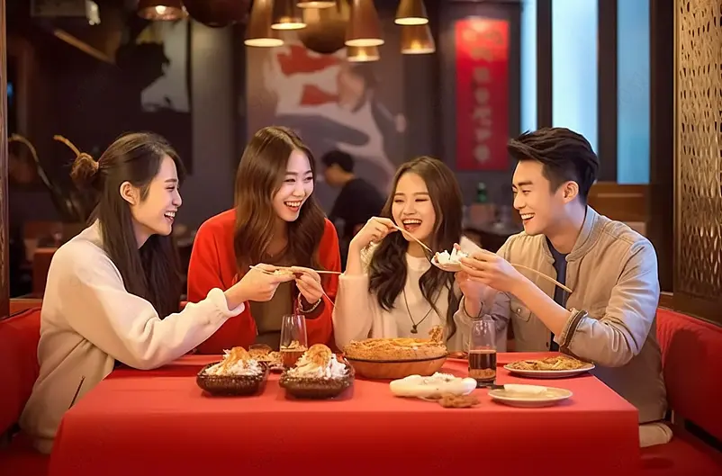 青年人吃饭聚会新年在餐厅庆祝