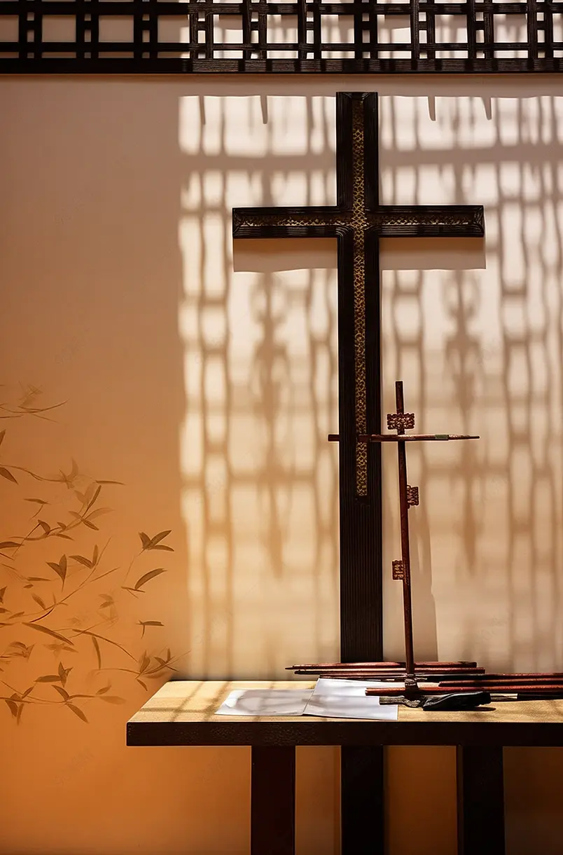 桌子上摆放的空白宣纸与毛笔