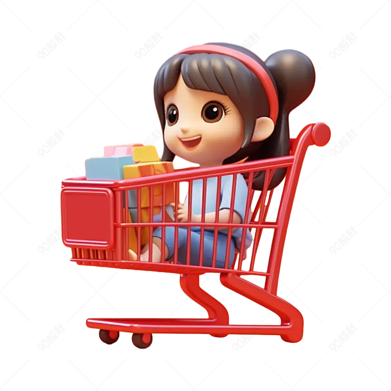 红色3D渲染卡通女孩与购物车元素
