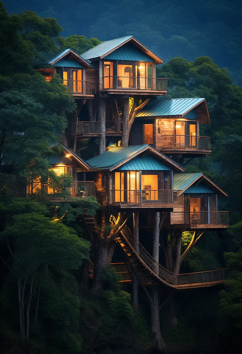 航拍杭州萧山树屋自然建筑风光