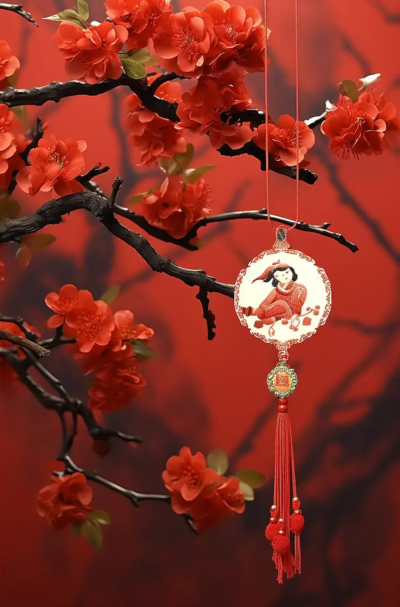悬挂在梅花下面的中国结