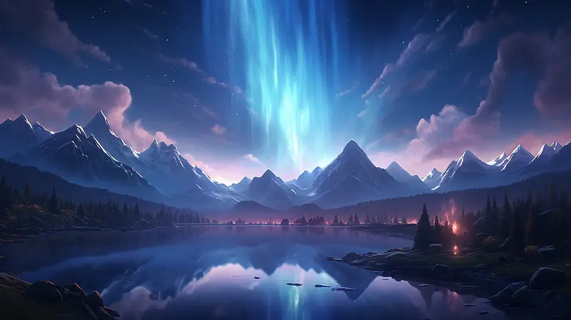 夜晚美丽的极光星空湖泊全景