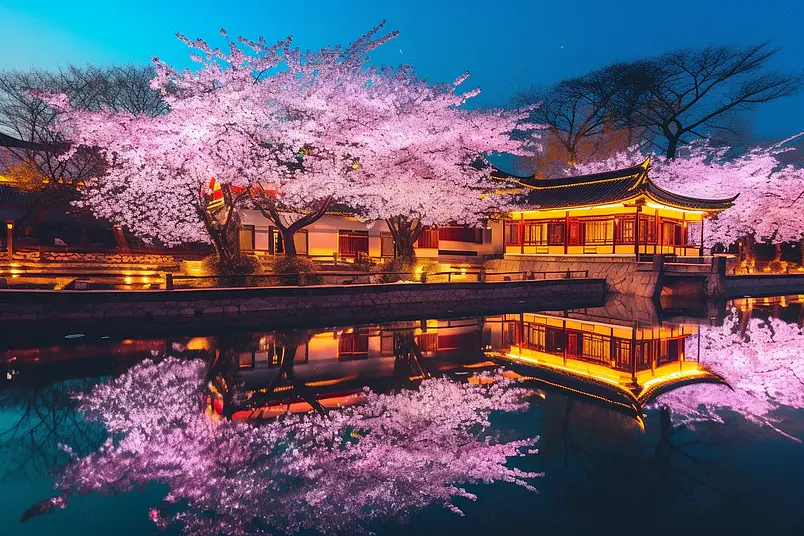 无锡鼋头渚多彩樱花春天风景旅行景点风景区东方建筑夜景优美河堤上的旅游广告