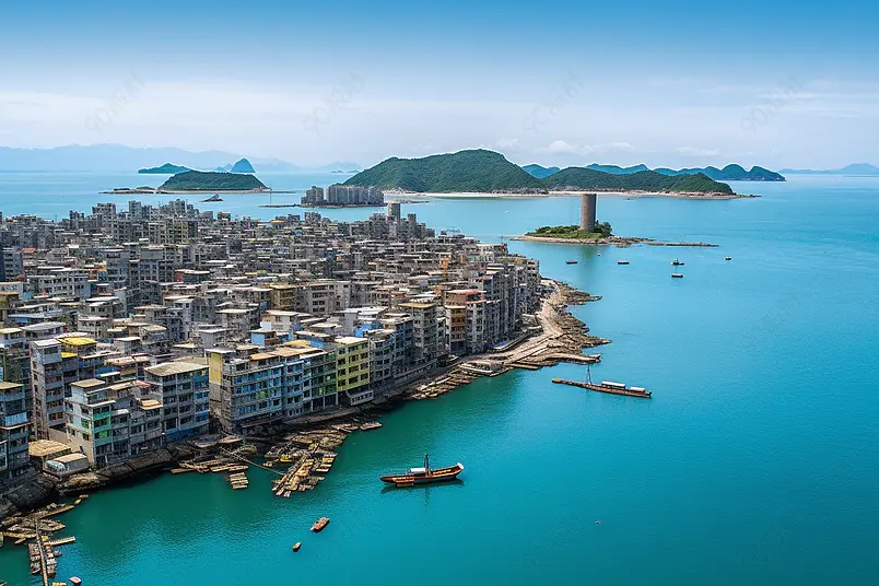 蓝色天空下的渔村海上生活背景图