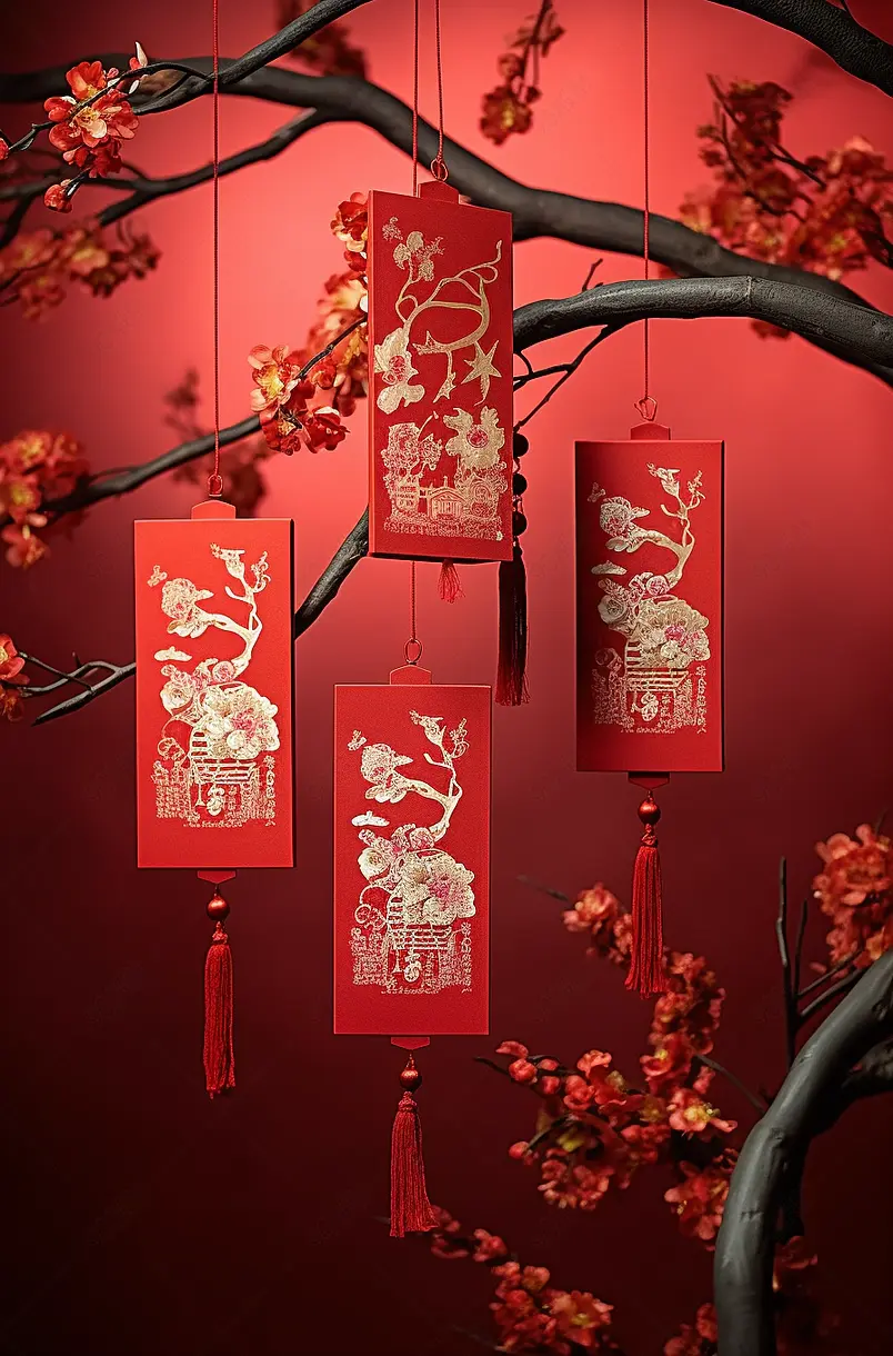 悬挂在梅花下面的红包