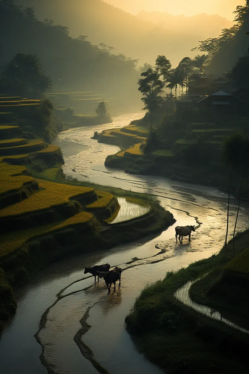 稻田的牛和风景
