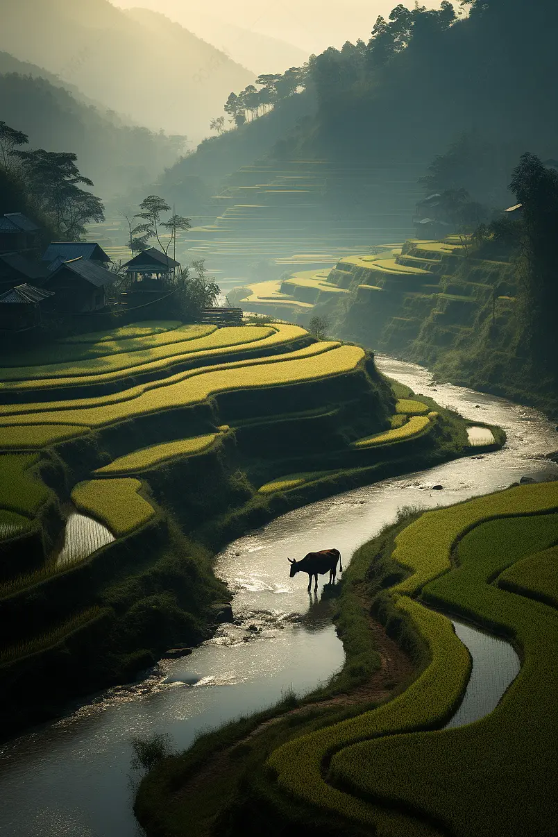 稻田的牛和风景