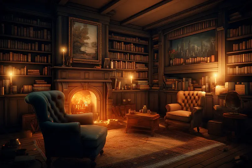 阅览室配有书架和舒适的壁炉