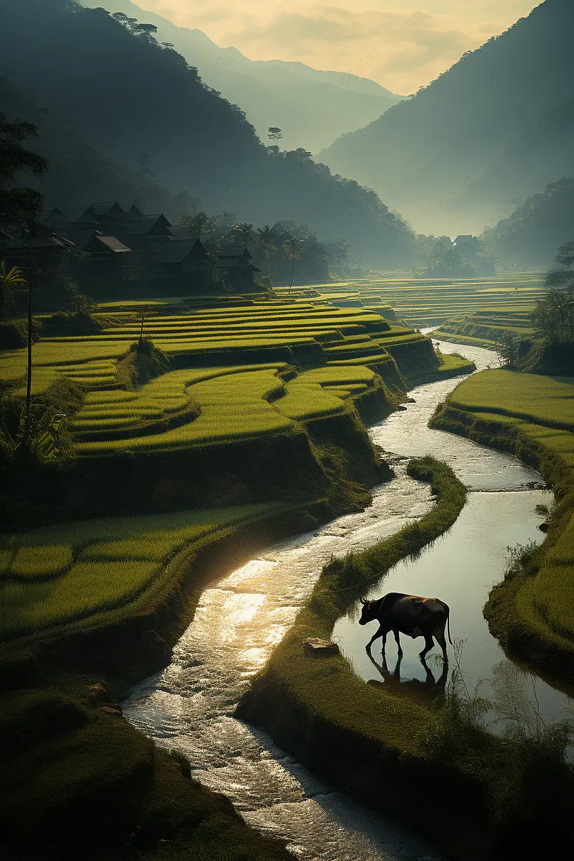 稻田的牛和风景