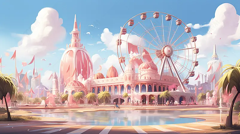 蓝蓝的天空下梦幻卡通粉色游乐场