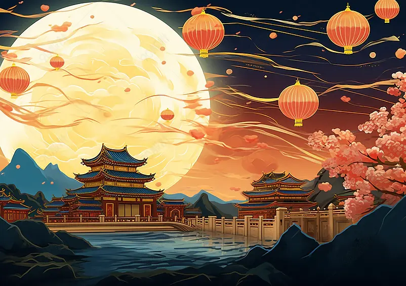 国潮古建筑节日背景插画