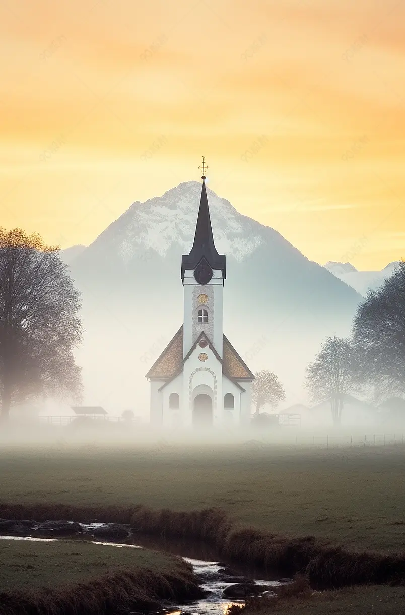 德国巴伐利亚州霍亨施万高的圣科伦曼教堂，秋天的雾