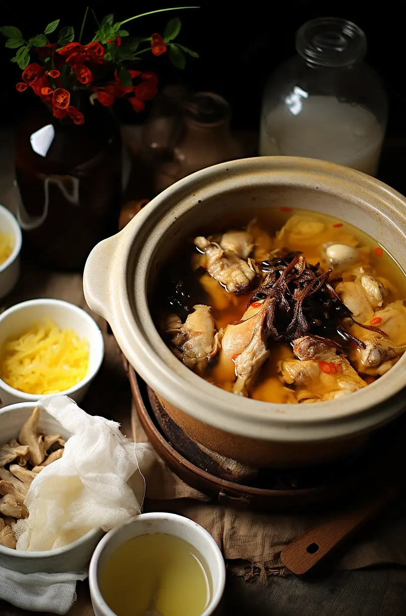 云南特色美食汽锅鸡和搭配小菜菜单特写