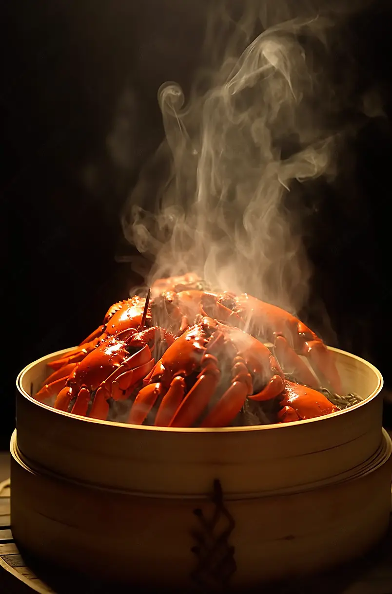 蒸笼里热气腾腾的大闸蟹