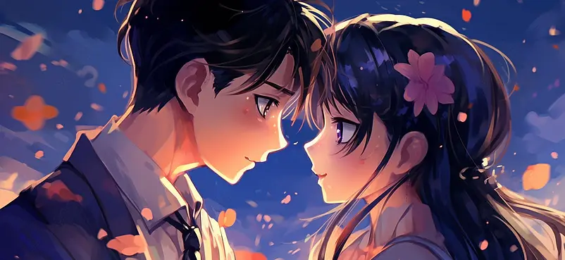 唯美情侣二次元少女动漫两个人夕阳晚霞对视插画