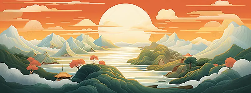 青山白云春天国潮风背景插画