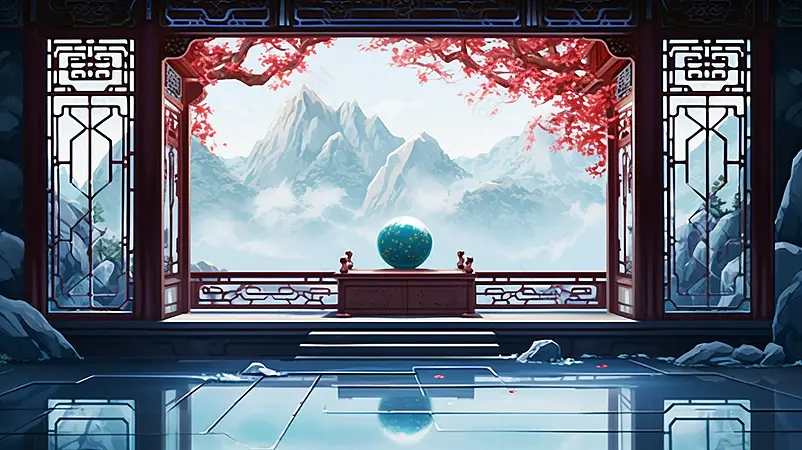 古风房屋室内雕花镂空大门门外风景