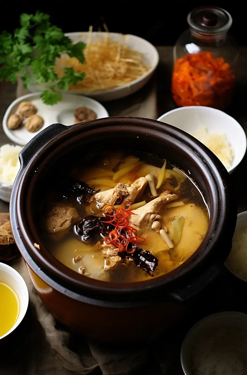 云南特色美食汽锅鸡和搭配小菜菜单特写