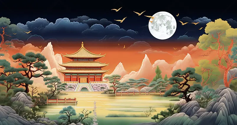国庆节故宫天坛长城华表城市建筑国潮插画海报