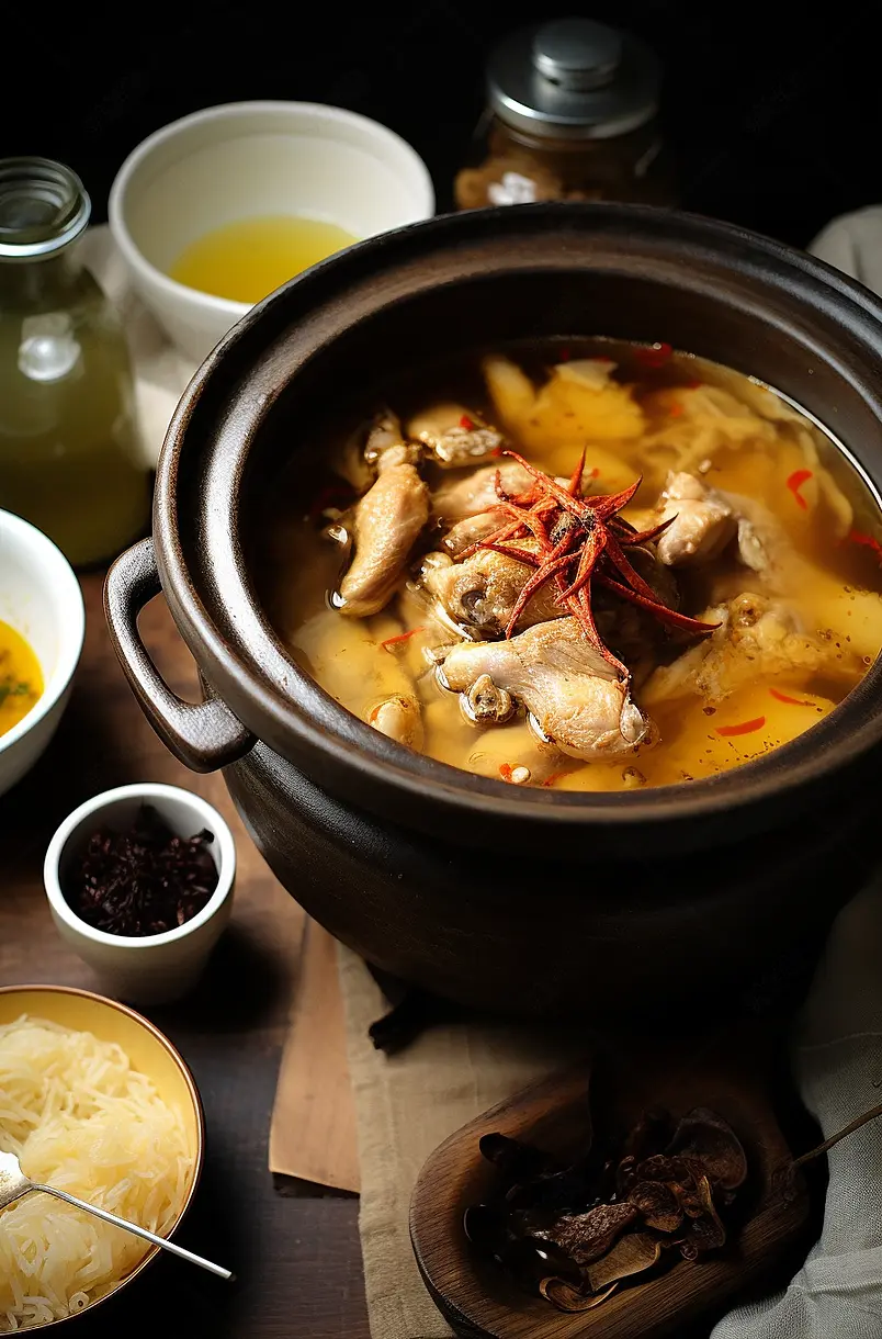云南特色美食汽锅鸡和搭配小菜菜单特写