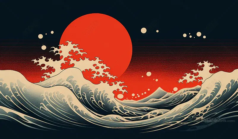 海上生明月,水波纹国风浮世绘插画