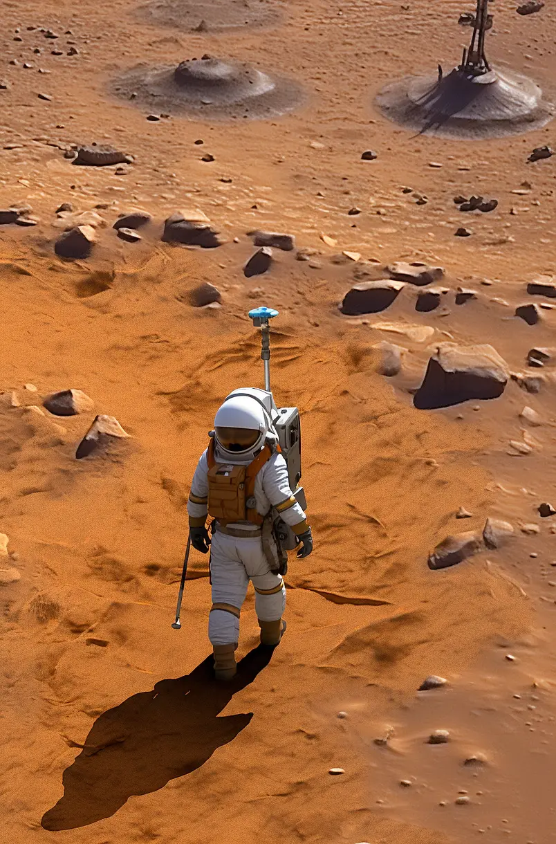 宇航员和火星车在火星上执行任务