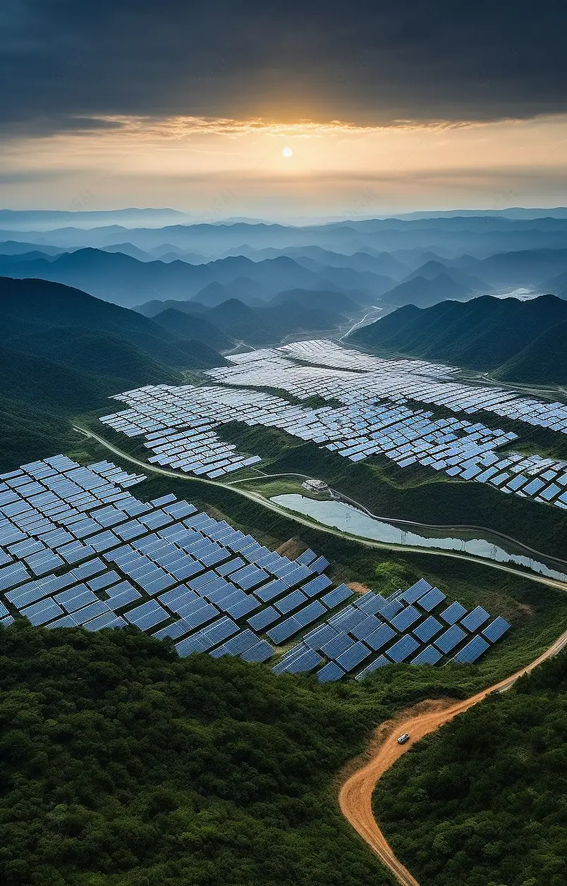 山区大型太阳能电厂鸟瞰图