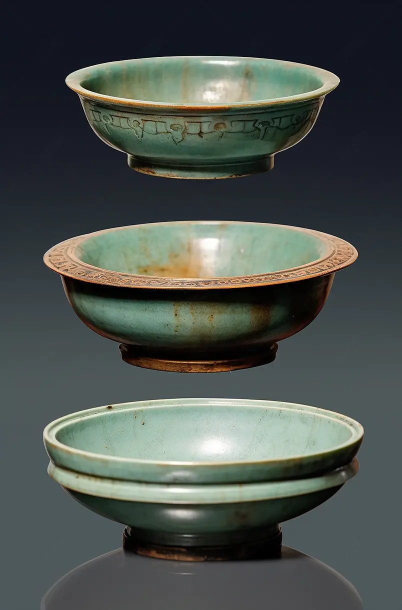 中国北宋时期汝窑产瓷器，盏托，盘子和瓷洗