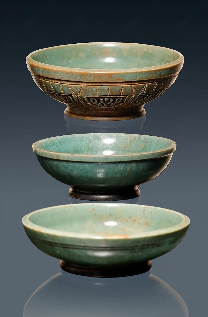 中国北宋时期汝窑产瓷器，盏托，盘子和瓷洗