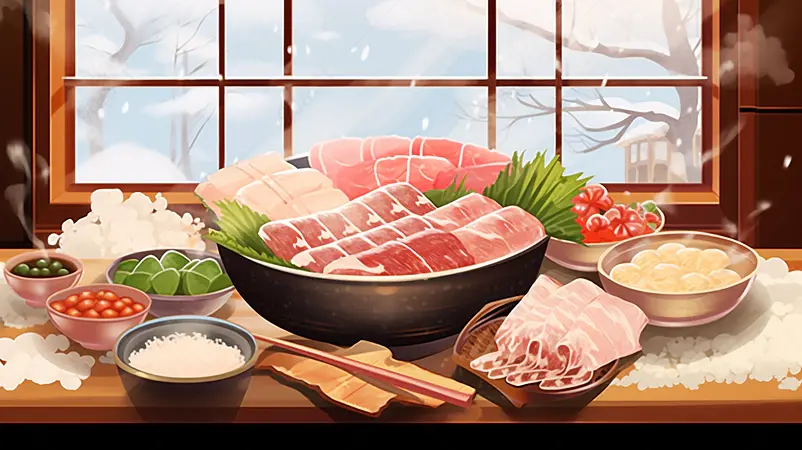 冬天桌子上的鸳鸯火锅和肥牛卷