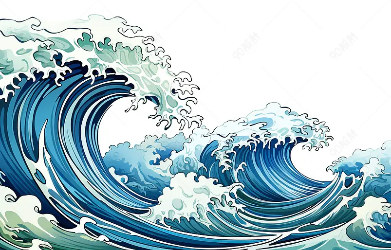 海浪纹中式纹样国潮插画