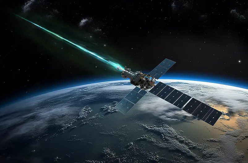 卫星向地球上的目标发射能量武器的合成图像