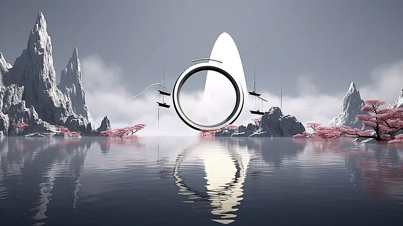 3D渲染简约现代中国风山水海报背景