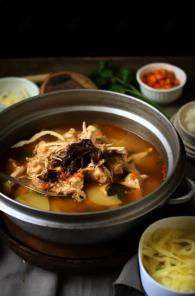云南特色美食汽锅鸡和搭配小菜菜单特写