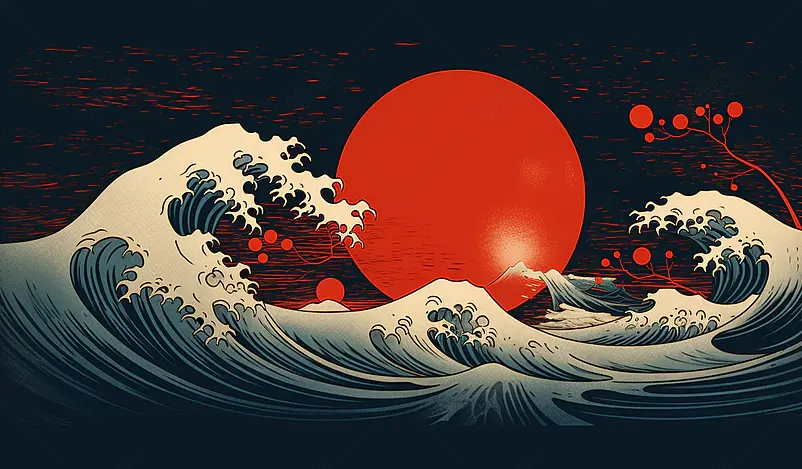 海上生明月,水波纹国风浮世绘插画